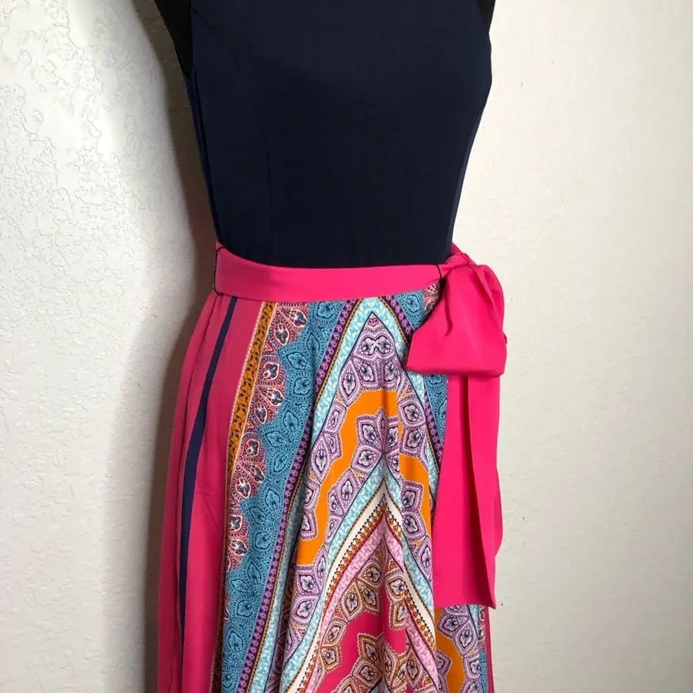 Eliza J navy pink orange scarf print sleeveless maxi dress size 8